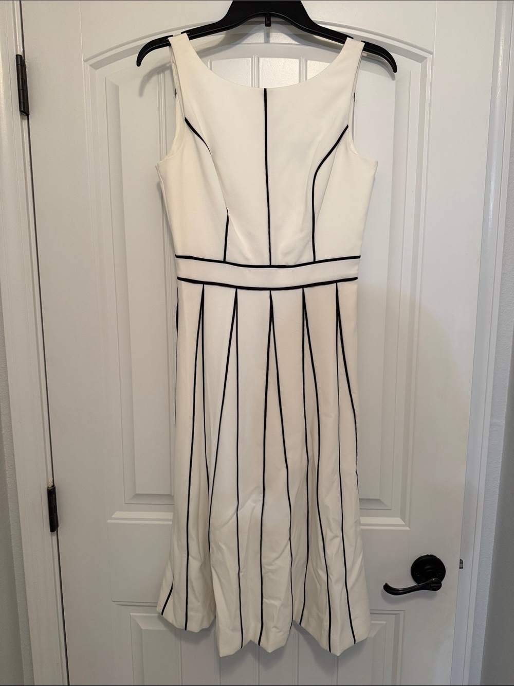 White House Black Market Cream Midi Dress with Black Piping